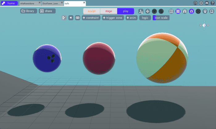 physics objects with varying restitution to demonstrate bounciness