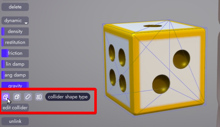 image highlighting the collider shape type and edit collider buttons in unbound
