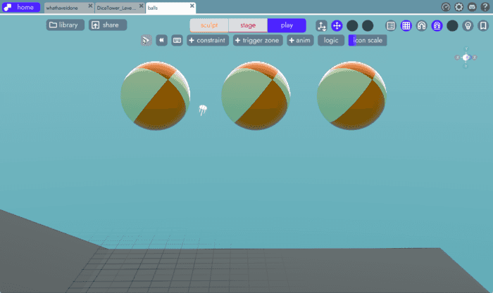 three balls experiencing different amounts of gravity in the unbound game engine