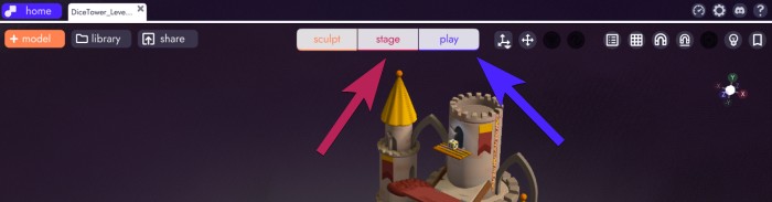 image points to the Stage and Play modes in the Unbound game engine