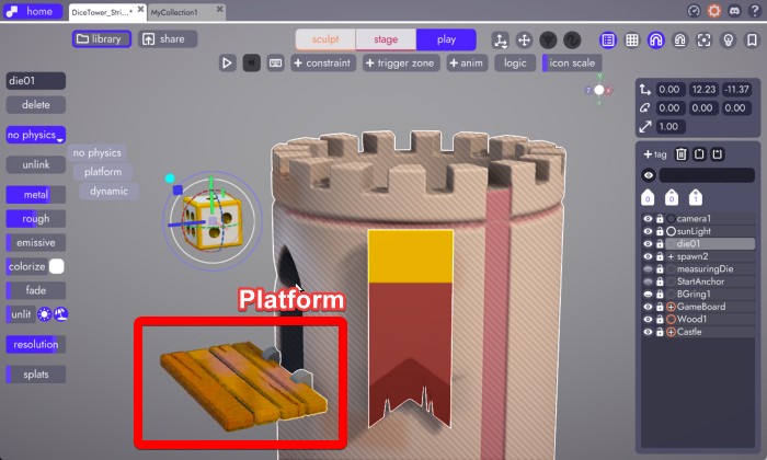 image showing a platform physics object in unbound