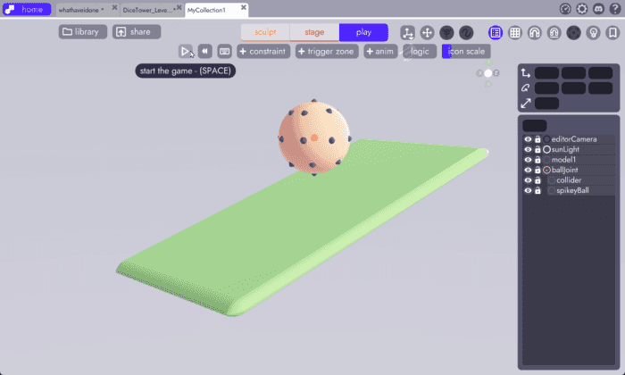 spikey ball in an unbound physics simulation