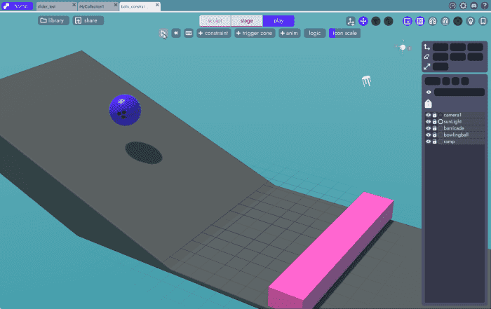 bowling ball rolls down a hill and stops when it hits a barricade in unbound